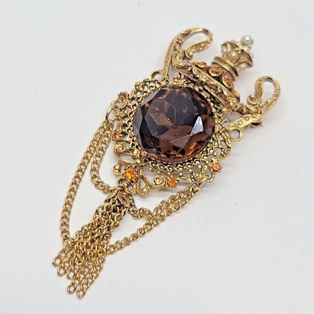 Florenza faux smoky topaz brown brooch pin gold tone shield tassels, rhinestones